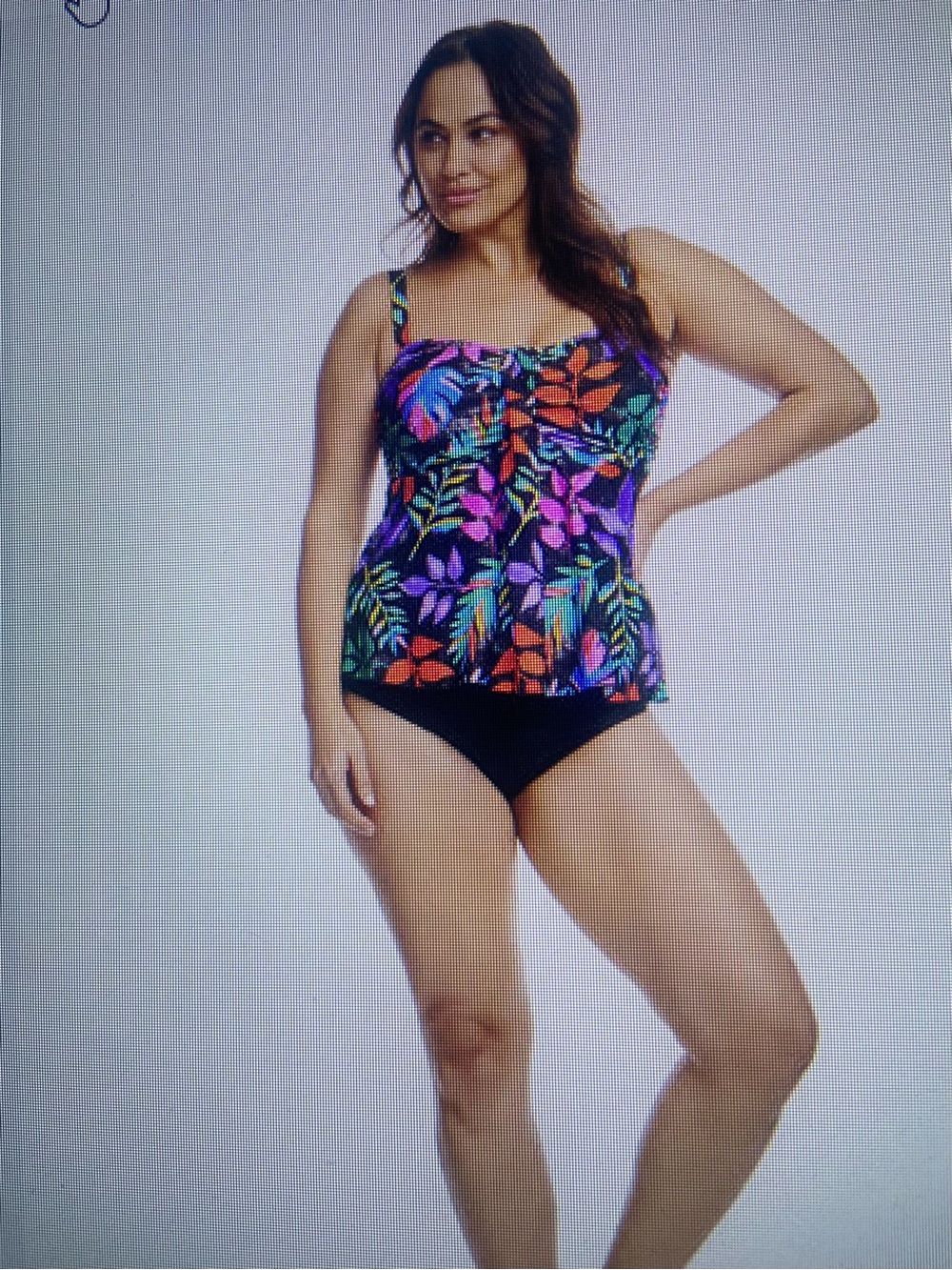 Plus-Size Floral Tropical Tankini Top with Black Briefs - Black Multi